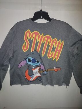 Disney Gray Cropped Sweatshirt with Yellow & Red STITCH Graphic